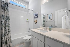 Hair dryer, towels, soap, toilet paper