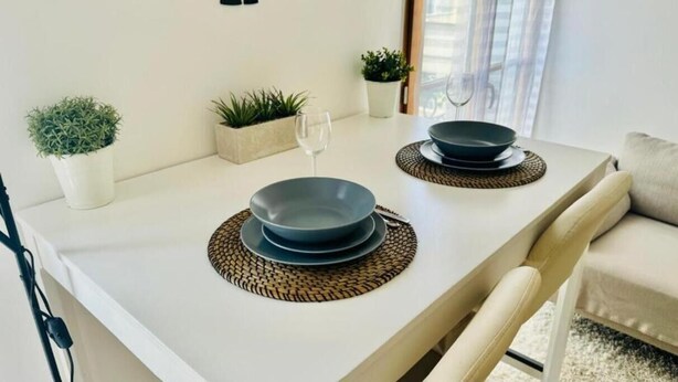 Ein moderner Esstisch mit zwei dunklen Schalen und einem Weinglas, umgeben von Topfpflanzen.