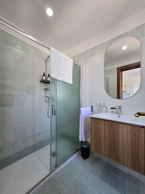 Shower, hair dryer, bidet, towels