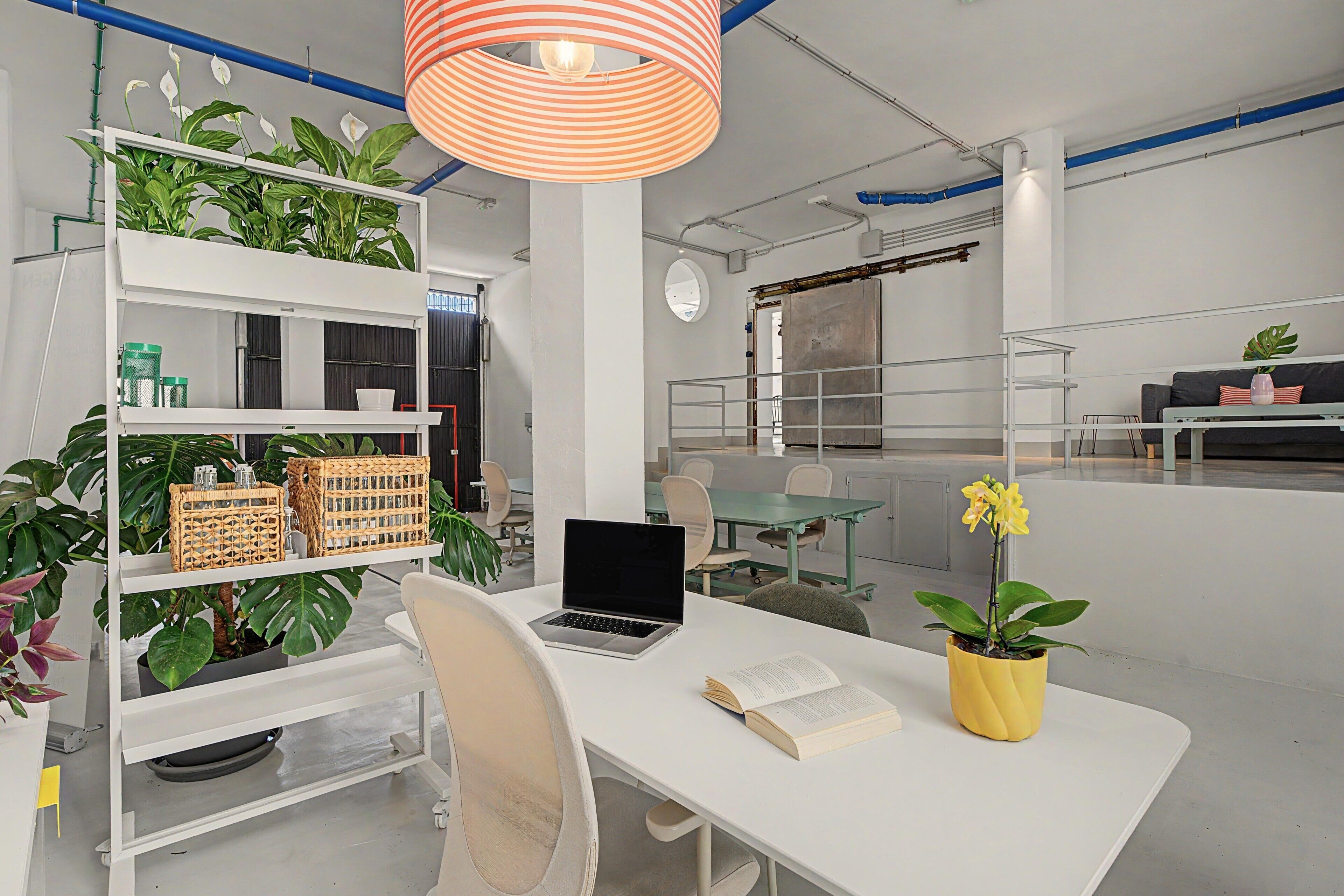 Un espacio de oficina moderno con muebles blancos, un escritorio con una computadora portátil, una estantería con plantas y una planta en maceta amarilla sobre el escritorio.