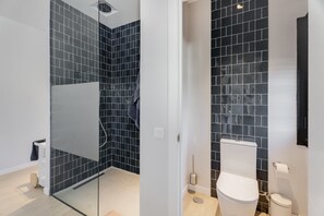 A modern bathroom with dark tiled walls, a glass shower enclosure, a white toilet, and a small trash bin.