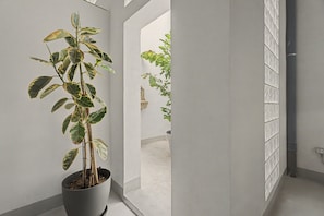 Una planta en maceta en un pasillo con paredes blancas y piso de baldosas.