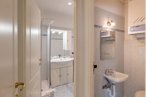 Shower, hair dryer, bidet, towels
