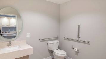 A bathroom with a white toilet, a sink, a mirror, and a handrail.