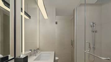 A modern bathroom with a glass shower enclosure, a large mirror, and a white sink.