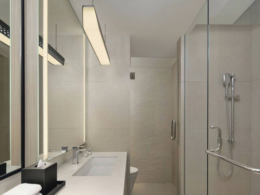 A modern bathroom with a glass shower enclosure, a large mirror, and a white sink.