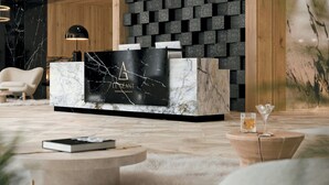 Una zona de recepción moderna con mostrador de mármol, televisor de pantalla plana y un lujoso felpudo de piel.