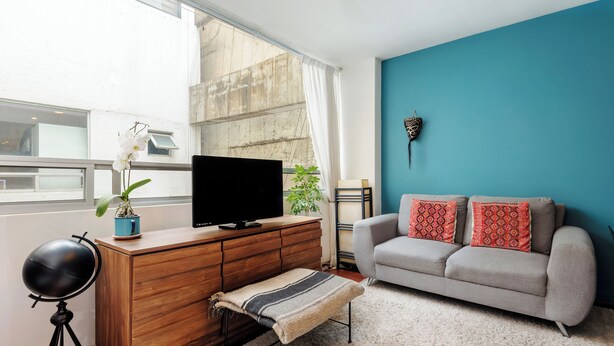 Een woonkamer met een grijze bank, een houten kast, een televisie, een kleine tafel met een plant en een raam met gordijnen.