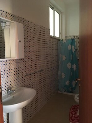 Dusche, Haartrockner, Handtücher, Toilettenpapier