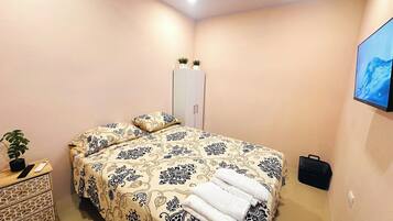 A bedroom with a bed, a wardrobe, a ceiling fan, a TV, and a small plant.