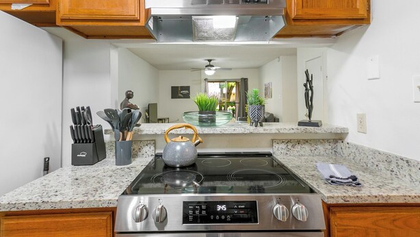 A kitchen with wooden cabinets, a stainless steel range hood, a granite countertop, a kettle, and a knife block. - Baton Rouge-Pet friendly, 2BR/2BA, Near LSU (Baton Rouge)