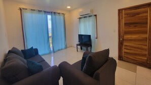 Una sala de estar con un sofá, un televisor y una puerta de madera.