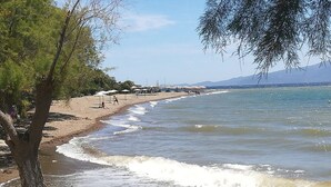 Une plage avec des parasols et une jetée en bois.