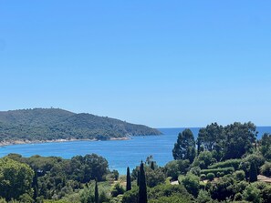 A coastal landscape with a hill, dense greenery, and a clear blue sea.