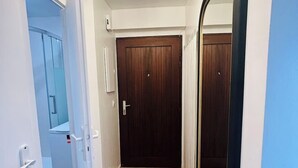 En gang med en trædør, et spejl og en sort måtte på gulvet.