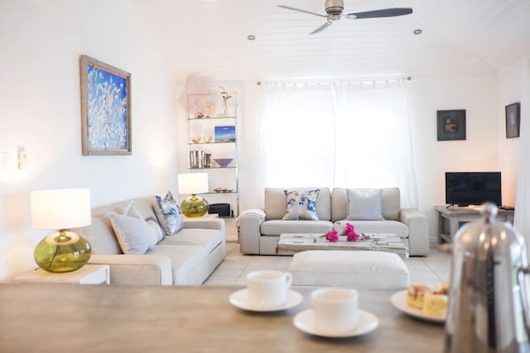 Téléviseur, livres, chaîne audio