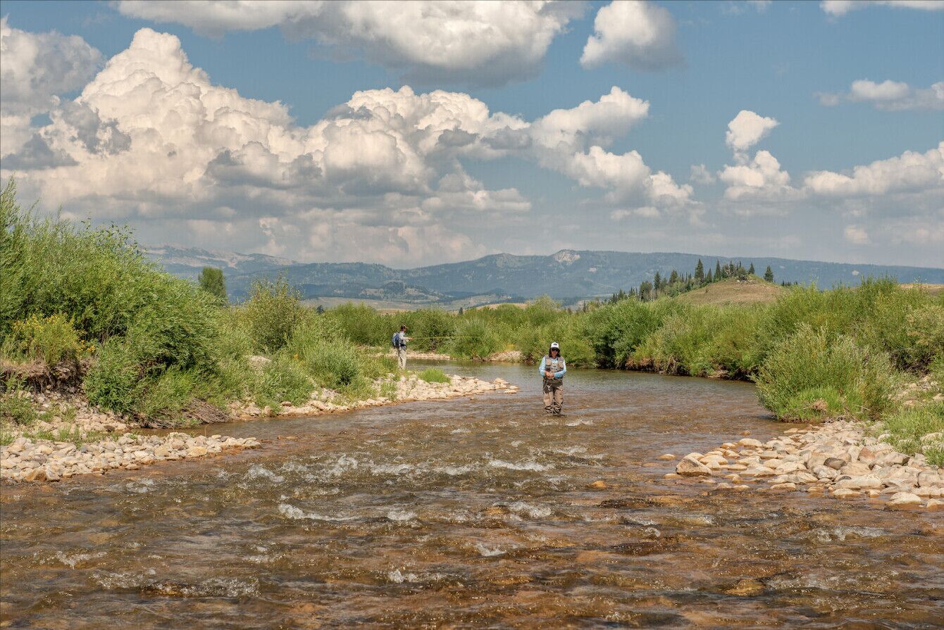 A river with two people fishing, surrounded by greenery and mountains in the background.