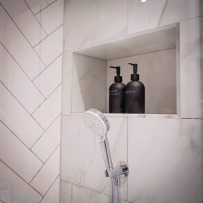 Shower, hair dryer, shampoo