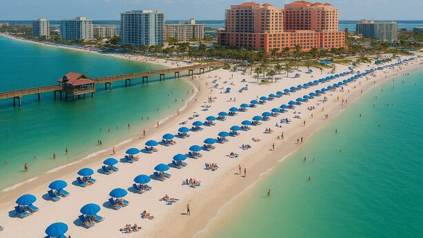 Una playa con un muelle largo, numerosas sombrillas azules y una fila de hoteles al fondo.