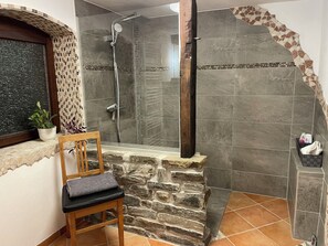 Hair dryer, towels, soap, toilet paper