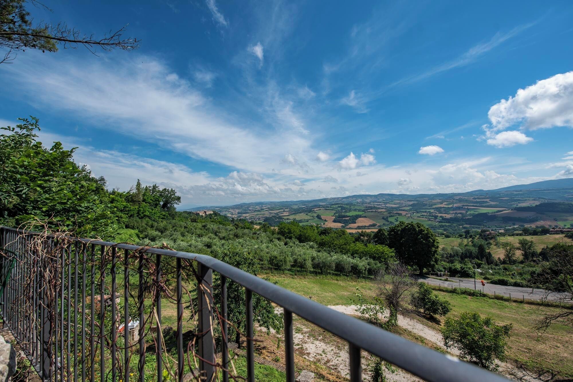 A scenic view from a balcony overlooking a lush valley with a clear sky.