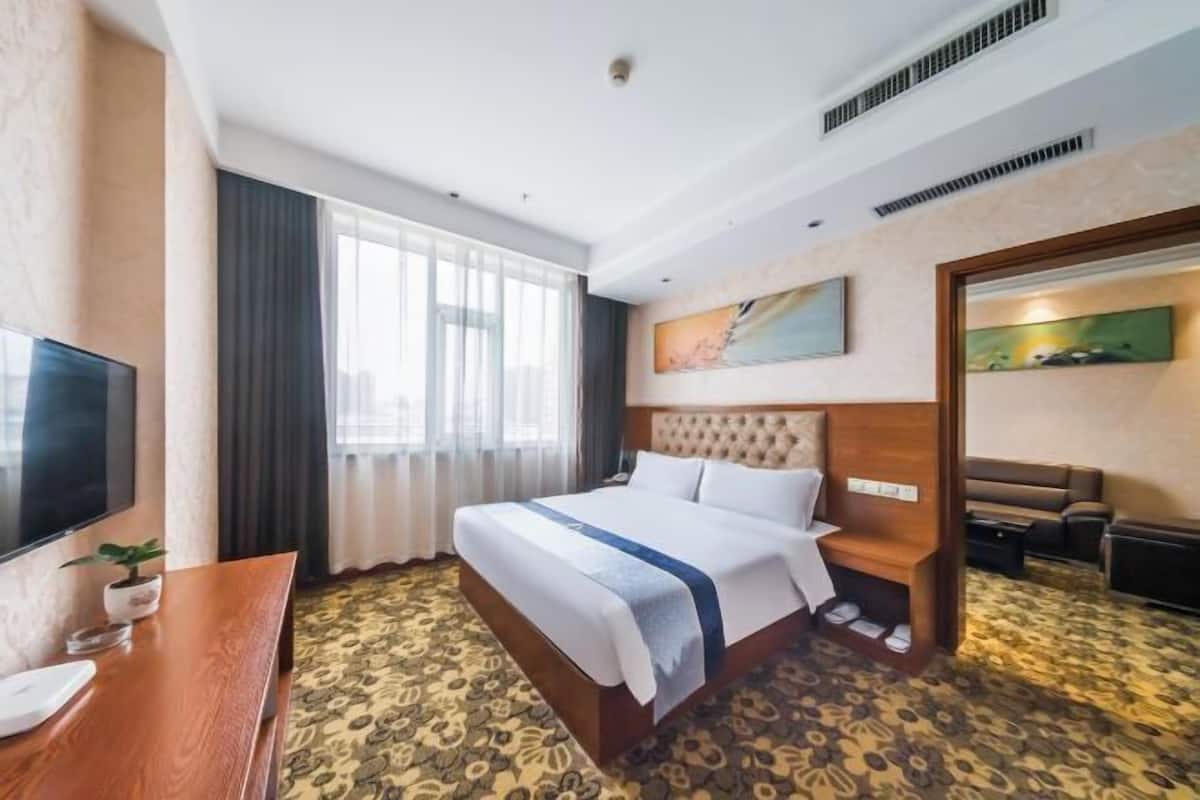 Una habitación de hotel con una cama grande, televisor, escritorio y sofá.