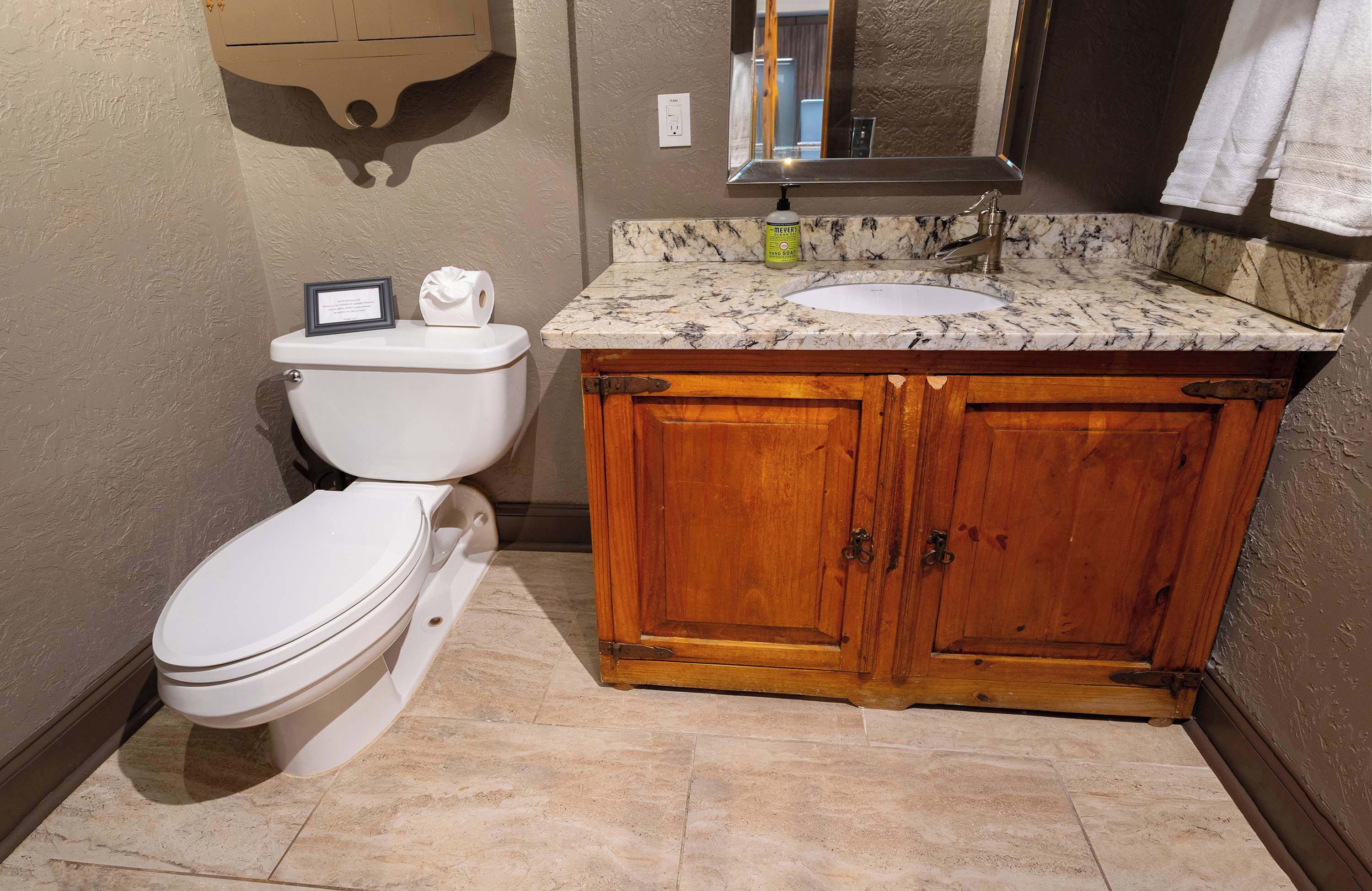 A bathroom with a toilet, a sink with a marble countertop, wooden cabinets, and a mirror above the sink.