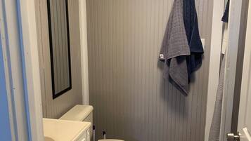 Shower, towels, toilet paper