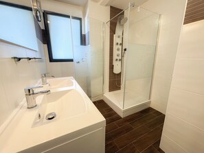 Shower, hair dryer, towels, soap