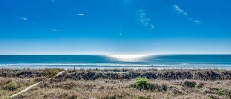 On the beach, sun-loungers
