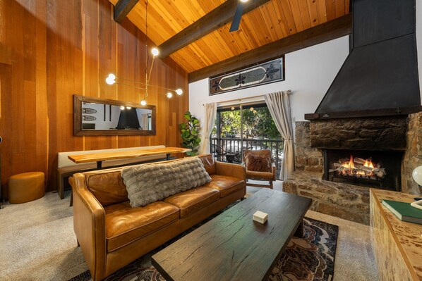 Smart TV, fireplace, books, computer monitors