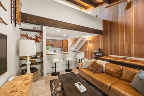 Smart TV, fireplace, books, computer monitors