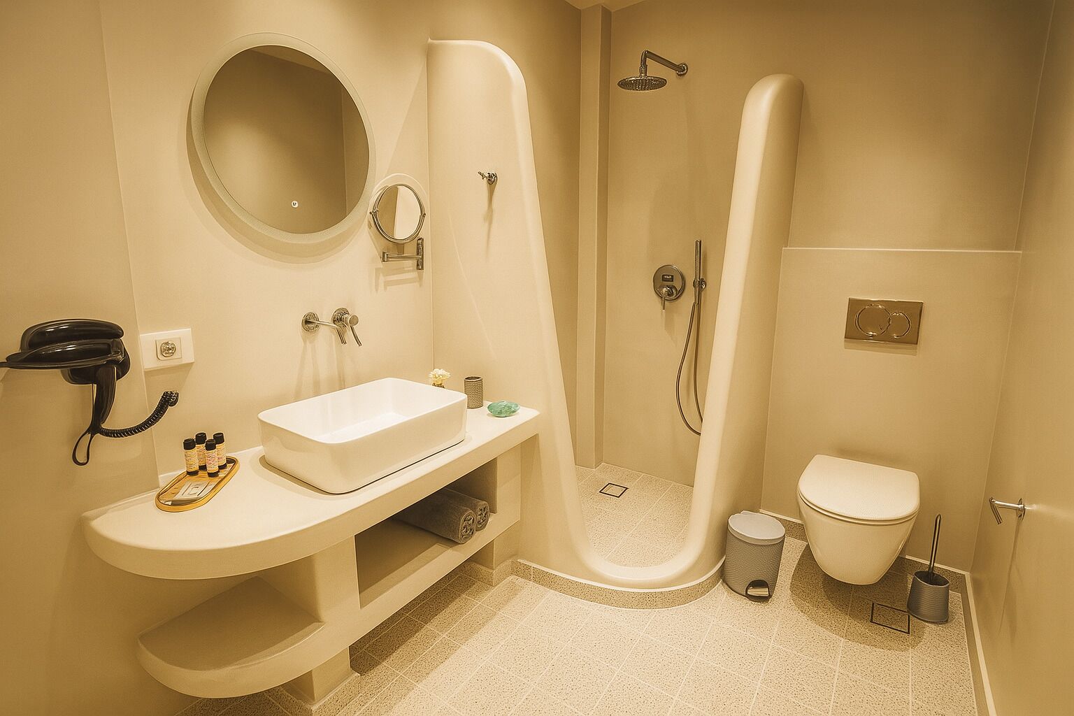 A bathroom with a sink, mirror, toilet, shower, and a telephone.
