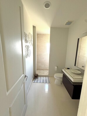 Bidet, towels, soap, toilet paper