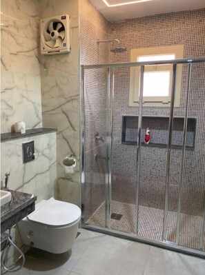 Hair dryer, towels, soap, toilet paper
