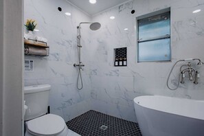 Hair dryer, towels, soap, shampoo
