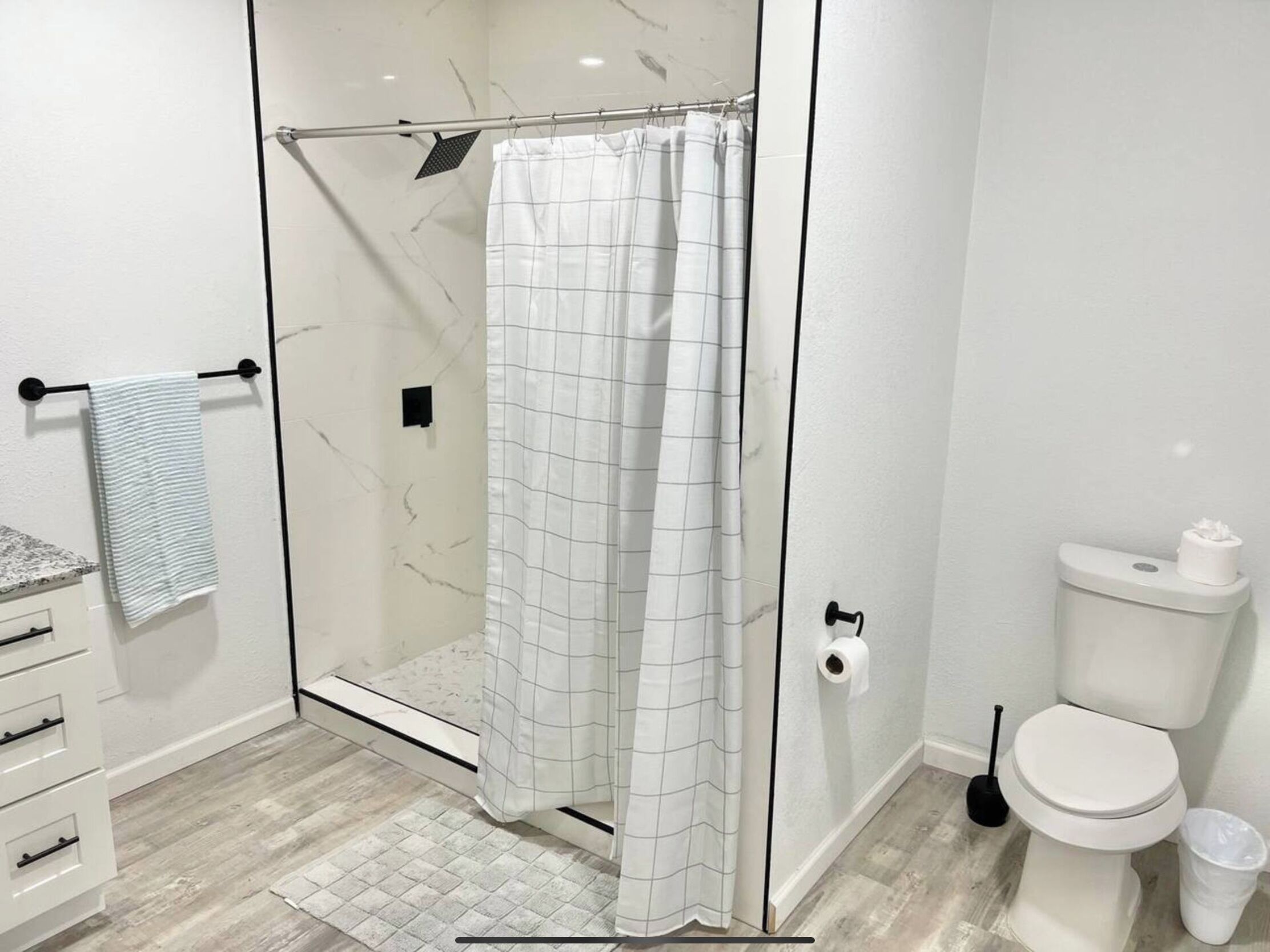 Hair dryer, towels, soap, toilet paper