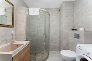 Shower, hair dryer, towels