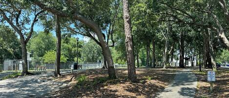 A park with a paved walkway, trees, benches, and a memorial exercise sign.