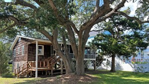 Une cabane en bois dotée d’une terrasse et d’un escalier, entourée d’arbres et d’une clôture blanche.