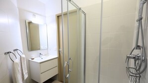 A modern bathroom with a glass shower enclosure, a white sink, and a mirror above it.