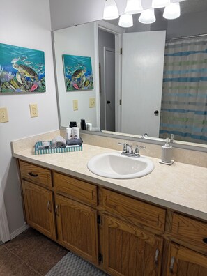 Une salle de bain avec un meuble-lavabo en bois, un lavabo blanc et deux tableaux représentant des animaux marins, accrochés au mur.