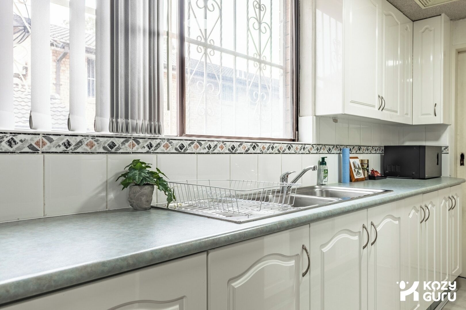 Fridge, microwave, toaster, cookware/dishes/utensils