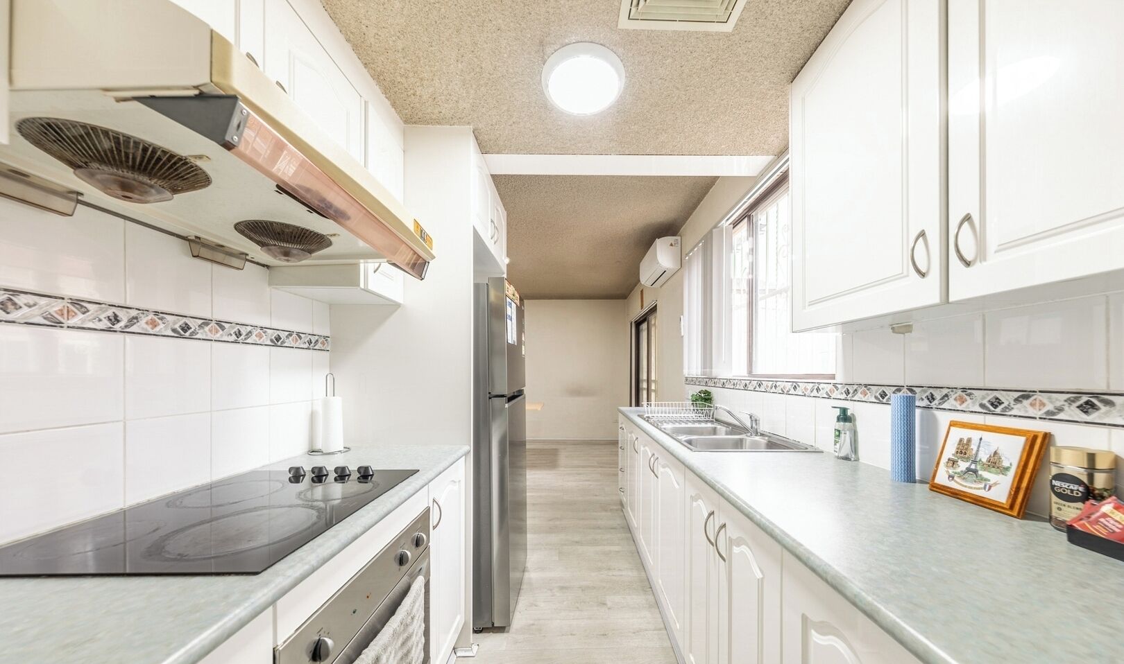 Fridge, microwave, toaster, cookware/dishes/utensils