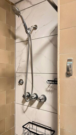Hair dryer, towels, soap, toilet paper