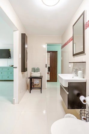 Hair dryer, towels, soap, toilet paper