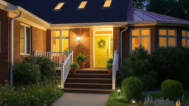 A two-story house with a front porch, a yellow door, and a brick exterior. - Serenity by the Lake. Spacious lake house incredible views in Colonial Beach (Colonial Beach)