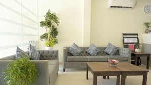 Un salon avec un canapé gris, une table basse et une plante en pot.