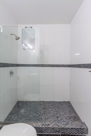 Shower, hair dryer, towels, soap