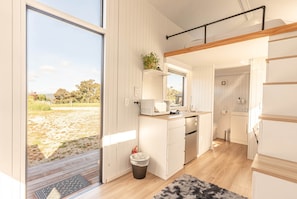 Fridge, microwave, stovetop, electric kettle
